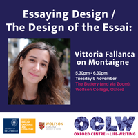 Poster for event: Essaying Design / The Design of the Essai: Vittoria Fallanca on Montaigne. A headshot of the speaker on a purple background with title and OCLW logo.